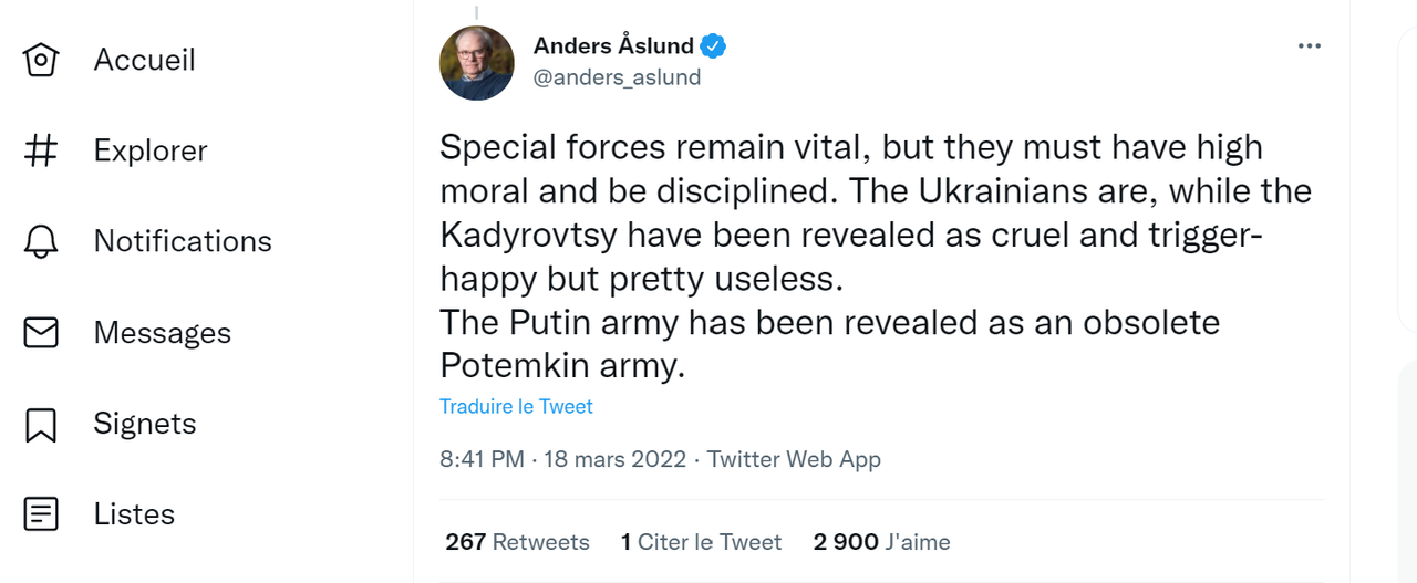 «L'armée de Poutine s'est révélée une armée Potemkine obsolète» soutient l'économiste suédois Anders Aslund, spécialiste de la Russie et de l'ancienne Union soviétique. Source: https://twitter.com/anders_aslund/status/1504905950637010948&nbsp;